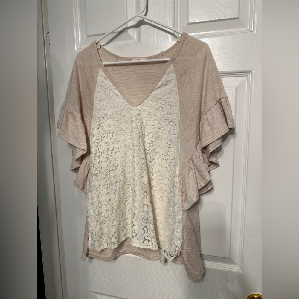 Hummingbird Top Women's M Lace Overlay with Ruffle Flutter Sleeves Boho Knit